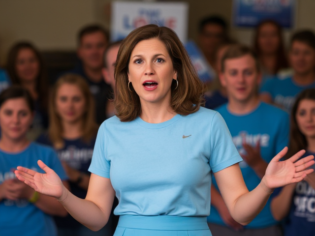 Brunette female politician, wearing a light blue t-shirt and skirt of the same shade, energetically speaking at a rally with her detractors visibly engaged in the background