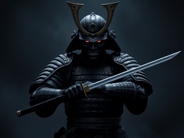 A Ghost of Tsushima art style image of a dark, menacing samurai warrior in full battle armor stands ready, gripping his katana with both hands. The samurai’s face is hidden behind a fearsome mask with glowing red eyes. The background is shadowy and atmospheric, creating an ominous and intense mood. The image should be stylized in dark tones, with a focus on the samurai's details, including worn armor and the menacing aura around him.