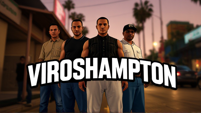 Design a poster in the iconic GTA San Andreas loading screen style, replacing the title with VROSHAMPTON in the exact GTA San Andreas font. Create bold, comic-style visuals with five characters reminiscent of those in GTA San Andreas. Position these characters subtly and slightly blurred in the background, ensuring the text VROSHAMPTON remains the focal point. Apply soft film grain and cinematic lighting to achieve realism akin to an 80s Panavision Panaflex camera. Set the scene with a Los Santos (Los Angeles) urban street vibe to capture the essence of a GTA San Andreas poster