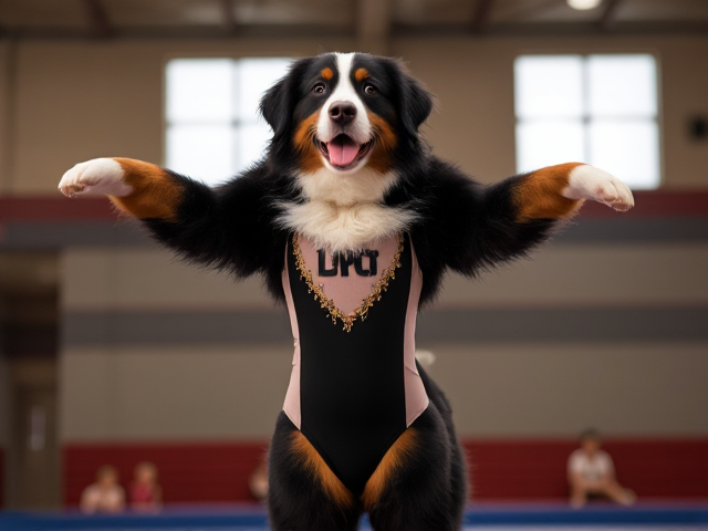 Anthropomorphic Bernese mountain dog hips gymnastics leotard gymnasium