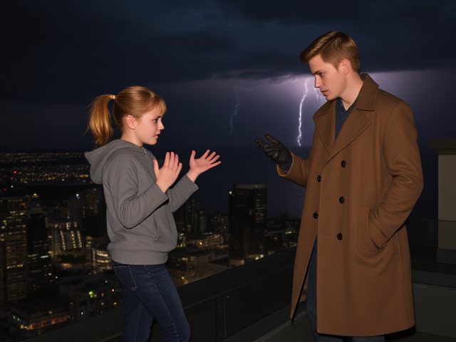 A petite 13-year-old girl with strawberry blonde hair in a ponytail, wearing a hooded pullover and jeans, is standing on the roof ledge of a night club. Next to her on the roof, standing nearby is a modern-day, pale skinned vampire in his late twenties, with blonde hair, dressed in a brown trench coat and jeans. He appears uneasy as he looks at her, holding his hands out and palms up, taking a step back. The girl gestures angrily at him with her hands, flailing her arms and scowling angrily at him in frustration. A thunderstorm approaches the cityscape from the sea shore. Set at night. The girl has a cut in her forehead.