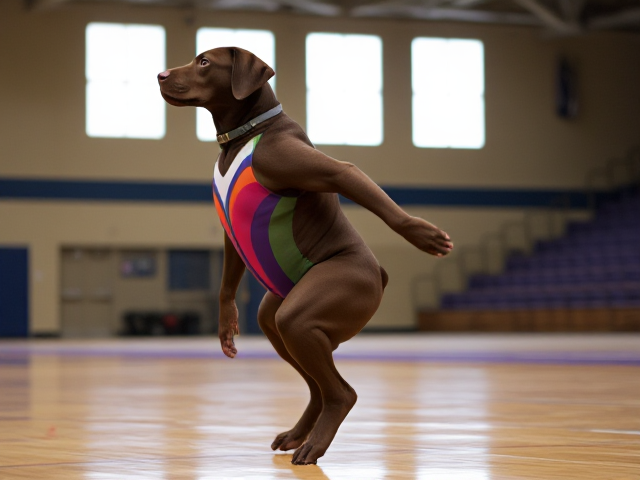 Anthropomorphic Labrador retriever with muscular hips, wearing a colorful gymnastics leotard, performing in a well-lit gymnasium setting