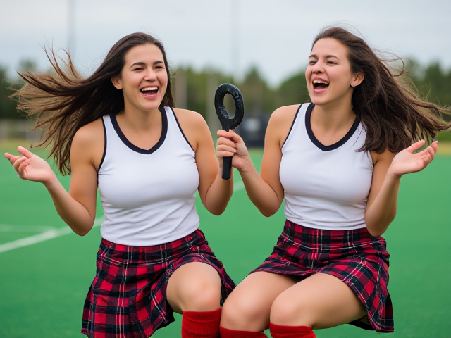 Two Beautiful short forty-something semitic brunette field hockey players in kilts and thigh high socks with their hair down, laughing uncontrollably and hysterically with surprised smiles