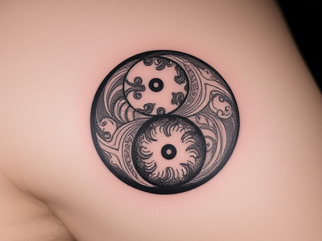 Tatouage yin yang détaillé avec des motifs artistiques complexes, style minimaliste, encre noire et blanche, symétrie parfaite, haute résolution