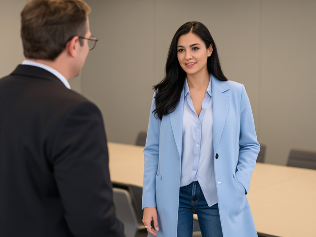 Brunette with dark black hair wearing a light blue coat with blue jeans and blouse and a black vest meets a man in a conference room