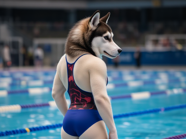 A tall anthropomorphic Siberian husky Olympic swimmer wearing a sportback swimsuit
