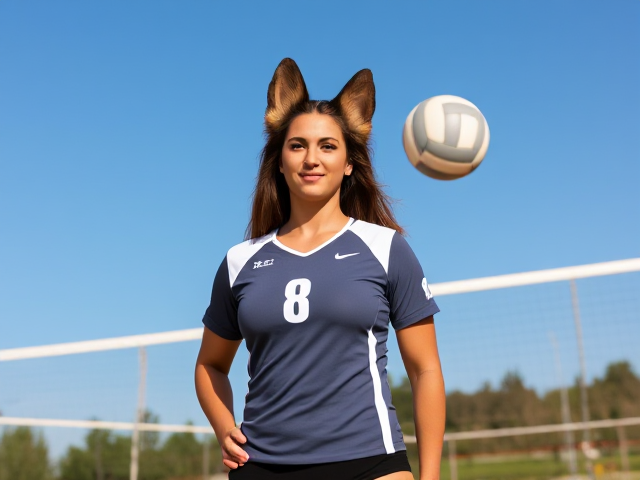 A tall female anthropomorphic German shepherd volleyball player