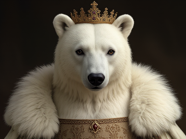 Image réaliste d'une femelle ours polaire habiller en princesse du moyen âge 
On la voit de la tête aux pieds