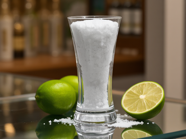A glass cup on a glass counter.  The glass is overflowing with salt.  There are limes beside the glass.