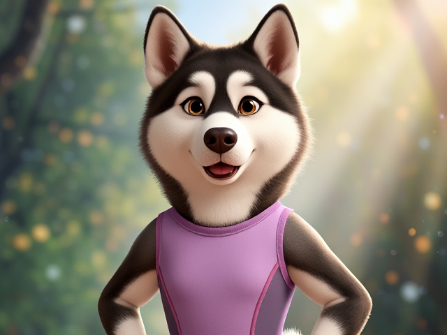 A Alaskan malamute wearing a gymnastics leotard