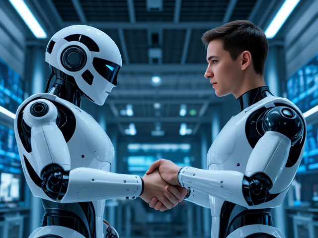 A futuristic robot and a human shaking hands, signifying trust in machine learning technology, set in a high-tech laboratory with holographic data displays and glowing monitors. The style is hyper-realistic with sharp details, showcasing the advanced machinery and serene expressions of both figures. Soft ambient lighting enhances the scene, casting gentle shadows. The camera angle is at eye level, focusing on the handshake to symbolize mutual trust.

subject: A futuristic robot and a human shaking hands
background: High-tech laboratory with holographic data displays and glowing monitors
style: Hyper-realistic with sharp details
lighting: Soft ambient lighting
camera position or view angle: Eye level focusing on the handshake