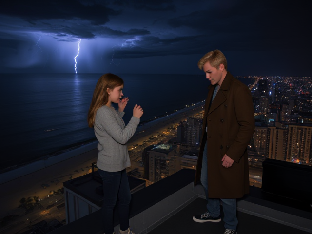 A petite 13-year-old girl with strawberry blonde hair, wearing a pullover and jeans, is standing on the roof ledge of a night club. Next to her on the roof, standing nearby is a modern-day, pale skinned vampire in his late twenties, with blonde hair, dressed in a brown trench coat and jeans. He appears uneasy as he looks at her. The girl gestures angrily at him, flailing her arms. A thunderstorm approaches the cityscape from the sea shore. Set at night.