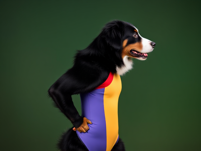 Bernese mountain dog with strong hips, wearing a colorful gymnastics leotard, in an athletic pose, vibrant background