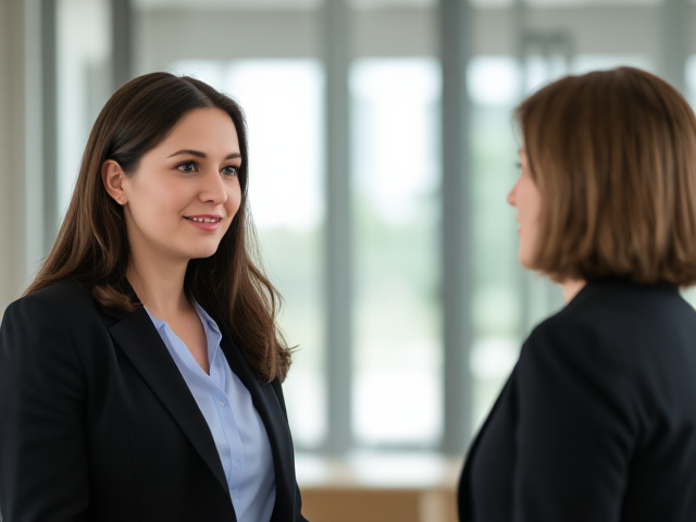 Brunette wearing a light blue blouse and a black suit viewed from the side meeting the president of her company
