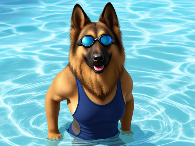 A anthropomorphic long-haired German shepherd with a long torso and broad shoulders wearing a one-piece swimsuit and swimming goggles