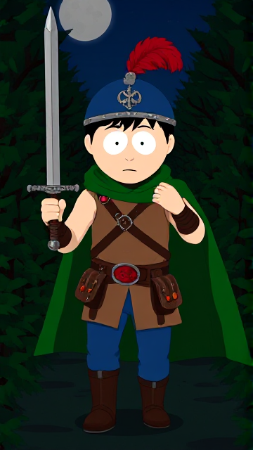 Dramatic South Park scene: Stan Marsh from South Park, light skin and black hair, but as a 14-Year Old teenager with a muscular torso, dressed as a medieval warrior, wearing a light brown tank top, a black belt with a red buckle adorned with a castle emblem with brown pouches and the scabbard for his enchanted sword attached to it, blue jeans, steel armored boots, jeweled wrist cuffs, a really big, heel-length long, ultra-wide green cape held up by two silver buttons with red jewels with a strong unbreakable wire connecting them both, and a blue helmet with buffalo emblems on both sides, outlined by silver steel rims going around and across the top, with a really long red feather sticking out at the top. He is now known as Sir Marsh. Despite still being a teenage kid, he is the Youngest Commander of the Zaronian Army, and one of the youngest and greatest heroes hailing from South Park, Colorado, but now reborn as the real life Kingdom of Kupa Keep, Zaron. With his signature enchanted sword, the Slashing Blade Of The Ranger, held tightly in his hand, the young teenage hero is currently walking through a dangerous bramble maze in the dark of the night as he searches for the way out.