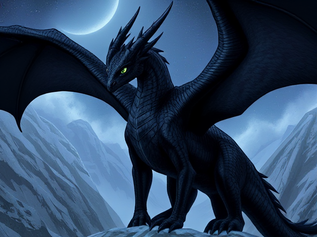 Darkstalker had ebony black scales and dark midnight-black wings, appearing as almost a pure NightWing except for a line of icy, white, silvery IceWing scales where his wings met his body, which Clearsight described to be cold when touched. He had one silver teardrop scale on the outward corner of each of his dark eyes, which indicated that he was a mind reader, and he had eyes that were as black as underground caverns. He had a narrow, handsome face, long, twisted horns, and was, after re-emerging from Agate Mountain, enormous, at least three times as tall as the largest living dragons. His huge wingspan was as wide as Agate Mountain, and he had a very long neck. He was handsome and powerfully built, with scales that felt as hard as armor due to his enchantment. He moved slowly and purposefully and spoke in a cavernous, booming, low rumble