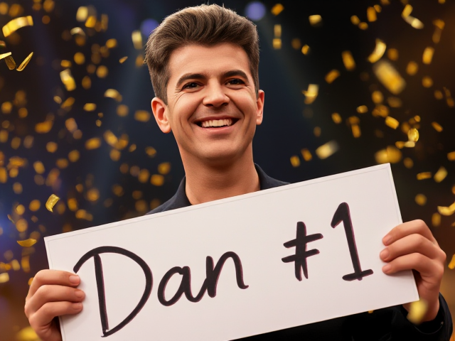 Simon Cowell smiling and holding a sign that says "Dan #1" there is golden confetti