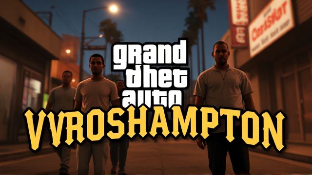Design a poster inspired by the iconic GTA San Andreas loading screen style, replacing the title with 'VROSHAMPTON' in the exact GTA San Andreas font. The poster should reflect the same bold, comic-style visuals and include five characters similar to those seen in GTA San Andreas. Keep the characters subtle and slightly blurred in the background, while the focus remains on the text 'VROSHAMPTON.' Add soft film grain and cinematic lighting for realism, resembling the quality of a Panavision Panaflex camera from 80s movies. The backdrop should evoke a Los Santos (Los Angeles) urban street vibe, ensuring the design captures the essence of a GTA San Andreas poster.