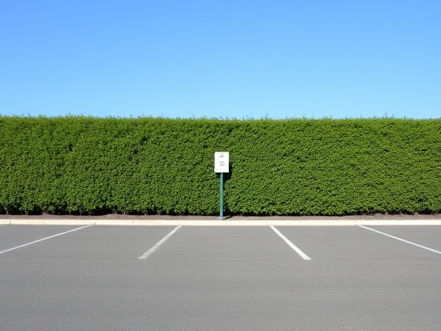 Une place de parking vide avec une haie verte bien taillée en arrière-plan, au milieu une place de parking avec une pancarte . Devant, ciel bleu et clair, éclairage naturel