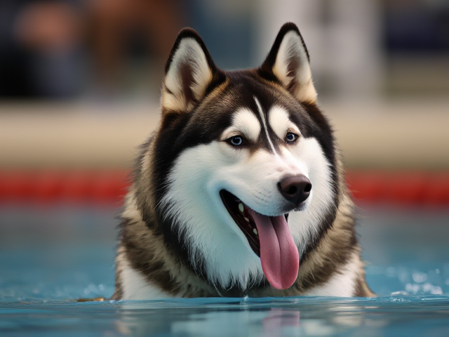 Anthropomorphic female Alaskan malamute Olympic swimmer