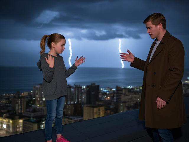 A petite 13-year-old girl with strawberry blonde hair in a ponytail, wearing a hooded pullover and jeans, is standing on the roof ledge of a night club. Next to her on the roof, standing nearby is a modern-day, pale skinned vampire in his late twenties, with blonde hair, dressed in a brown trench coat and jeans. He appears uneasy as he looks at her, holding his hands out and palms up, taking a step back. The girl gestures angrily at him with her hands, flailing her arms and scowling angrily at him in frustration. A thunderstorm approaches the cityscape from the sea shore. Set at night. The girl has a cut in her forehead.