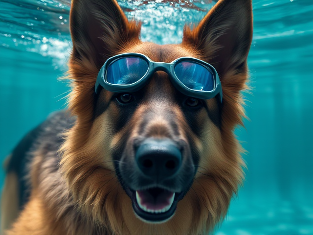 A long-haired German Shepherd wearing swimming goggles underwater