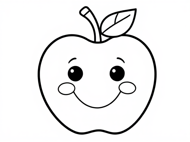 Outline art in black and white of a simple, friendly apple. Use only outlines in a clean and clear style, mandala style, suitable for children aged 2 to 4. The apple should have a basic, rounded shape with a cheerful expression to appear fun and approachable. Keep the design minimalistic for easy coloring, aiming for playful and inviting designs that capture the imagination of young children, with the goal of attracting kids.