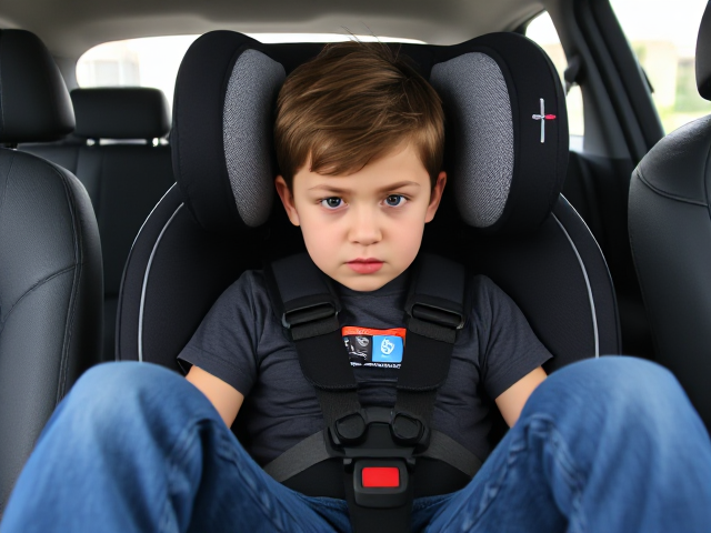 frustrated teenage boy sitting in a britax frontier 90 with a 5 point harness. wearing jeans and a t-shirt