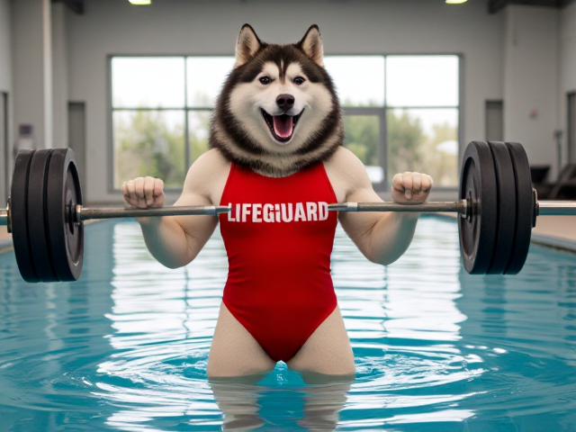 A anthropomorphic alaskan malamute wearing a red lifeguard one piece swimsuit lifting a barbell in a indoor pool