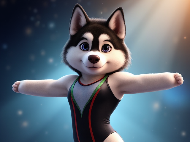 A Alaskan malamute Olympic gymnast with broad shoulders wearing a leotard