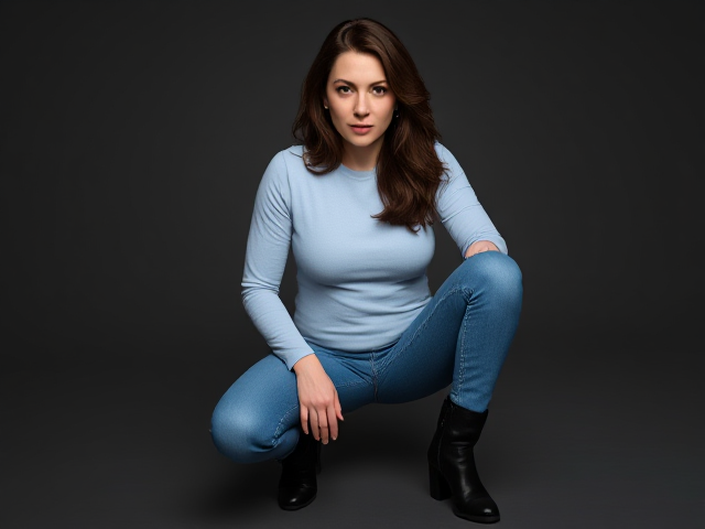 Attractive Brunette actress with brown hair wearing a light blue long sleeve top and blue jeans and black boots full body view on her knees in fear
