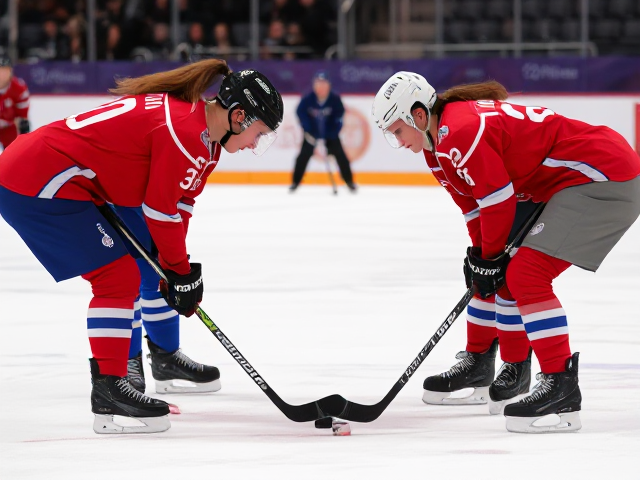 a face off in an Olympic women’s fiend hockey game between a team in a red uniform and a ream in a blue uniform