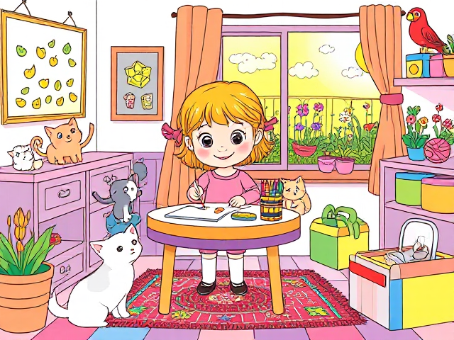 Design a captivating cover for a toddler's coloring book that features a cozy, colorful room filled with delightful elements. In the center, a cheerful cartoon girl with bright hair is happily coloring at a small table covered with crayons and colorful drawings. Surround her with playful kittens of various colors—one climbing on the table, another playing with a ball of yarn, and a third peeking out from a colorful toy box. The walls of the room should be adorned with whimsical artwork and cheerful posters, while a large window reveals a sunny, vibrant garden outside, filled with flowers and butterflies. Add fun elements like a playful puppy wagging its tail near the girl's feet and a friendly parrot perched on a shelf, creating an inviting and joyful atmosphere. The overall design should be bursting with colors and playful characters, enticing young children to engage their creativity while making parents eager to bring this enchanting book home.