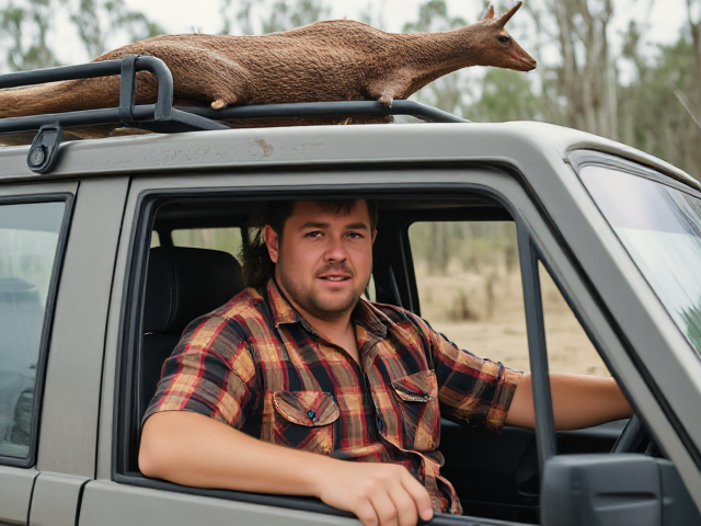 A quintessential Australian bogan male with a flannelette shirt who has a mullet hairstyle who is driving a four wheel drive with a bore carcass on the roof