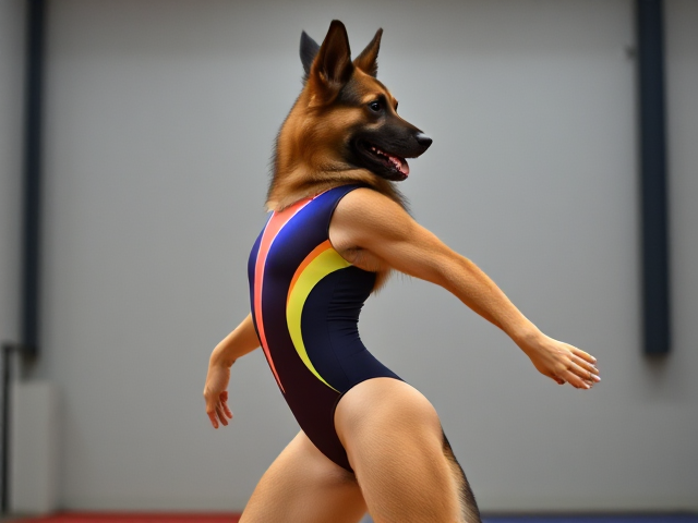 Anthropomorphic German shepherd with strong hips, wearing a colorful gymnastics leotard, performing in a gymnasium setting, dynamic pose