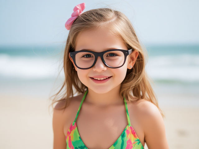 Little girl in a bikini glasses