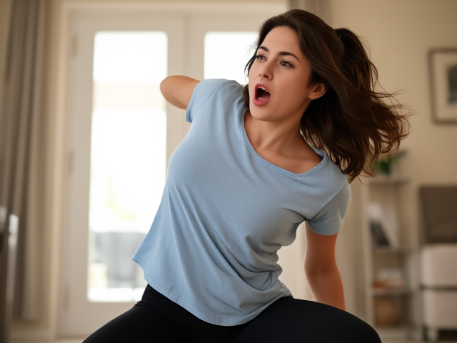 Brunette wearing a light blue t shirt and black yoga pants gasped in her house as she falls backwards