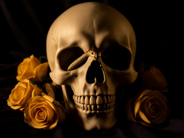 skull with a snake weaving intricately through the eye sockets and jaw, adorned with detailed golden roses around it, illuminated by soft moonlight, casting dramatic shadows, set against a dark velvet background