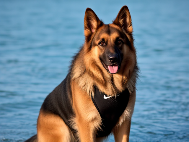 A long haired German shepherd with a long torso wearing a Nike one piece swimsuit