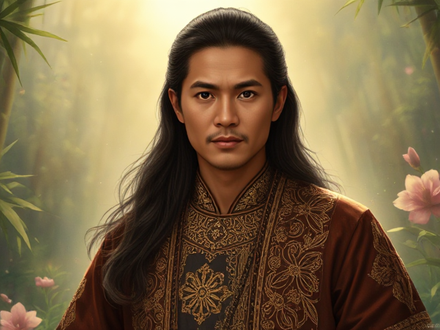 an ancient Filipino priest wearing traditional garments, like a barong Tagalog, adorned with intricate patterns that symbolize nature and spirituality. He has long, flowing hair and a serene expression, with wise, twinkling eyes that reflect deep knowledge. Surround him with ethereal light, mystical symbols, and elements of nature, such as bamboo, rice fields, or tropical flowers, creating an epic, magical atmosphere.