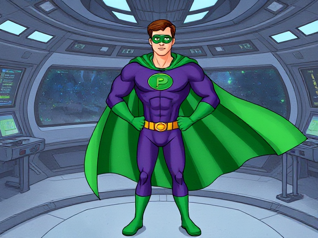 Modern Cartoon scene: A young, Autistic 25-year old boy with light skin and flat, smooth, and slick brown hair named T.J. Granger, but transformed into a genetically-altered superhero named Powerman, who, despite still being a young adult kid, has an extremely muscular body. He wears a sleek purple suit with a green P symbol on his chest, a gold belt with a circular buckle, green briefs, green boots, green long-cuffed gloves, a really big, toe-length long, ultra-wide green cape wreathed around his neck, and a green eye mask that protects his true identity. He also has incredible and invincible superpowers flowing through his veins. In this scene, Powerman is currently standing in the main control room inside an alien mothership that he secludes as his secret lair, talking to the ones who gave him his powers and altered DNA, his Masters, a pair of alien scientists named Zax and Yil, receiving information about his next mission.