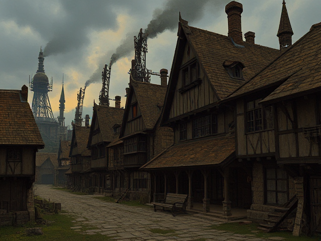 Feudal village with grim dark mechanical, industrial architecture in a painted style