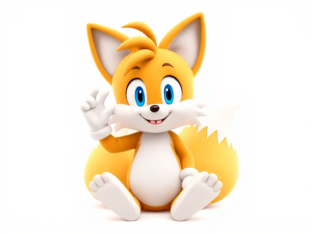 Miles “Tails” Prower, the two-tailed anthropomorphic fox from the video game series Sonic the Hedgehog, sitting cutely in front of a blank white background, with one hand in the air and his other hand resting on one of his two fluffy tails, Tails has cute smile on his face that is showing his cute tiny little fox fangs, Tails also has blue pupils.