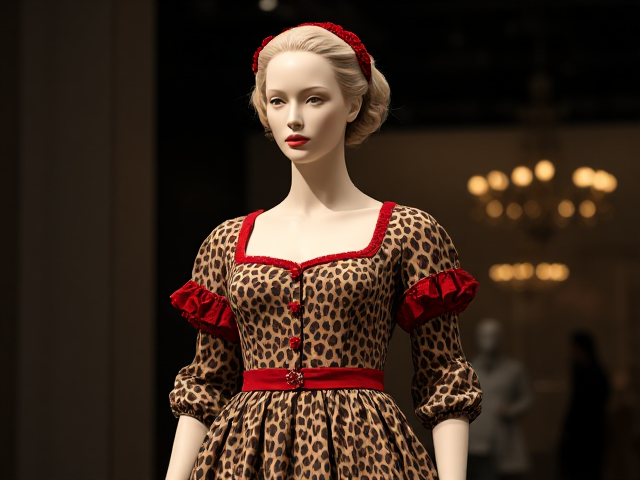 Mannequin with a cheetah print 1700s style dress with red accents, full body