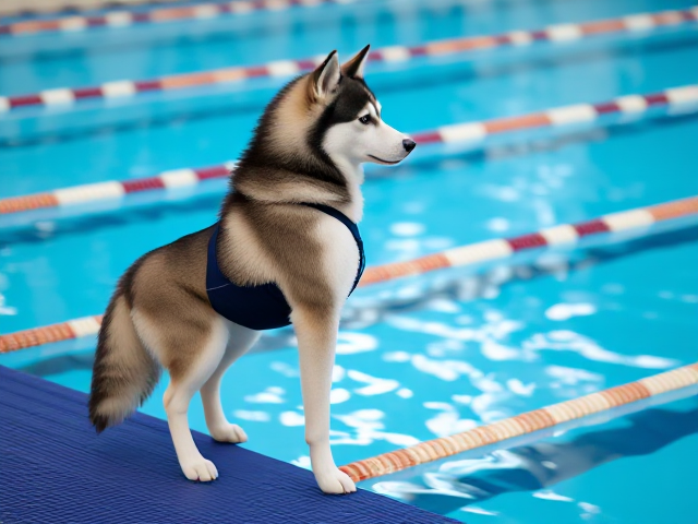 A anthropomorphic Siberian husky Olympic swimmer wearing a one piece swimsuit standing on the pool deck