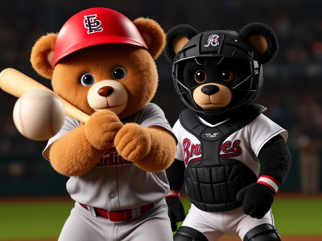 A human teddy bear tan fur blue eyes wearing a cardinals uniform red helmet grey jersey grey pants swinging a light beige baseball bat with red grip tape at a baseball moving at him fast with a black human teddy bear wearing a braves uniform white jersey white pants with navy and red catchers gear getting ready to receive the ball