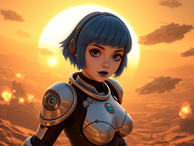 25 year old nymph Goth Girl in robotic battle suit on a planet, short blue hair, blue lipstick, spacecrafts and battleships in background, shiny translucent planet, explosions on battlefield, hyper realistic, 4K