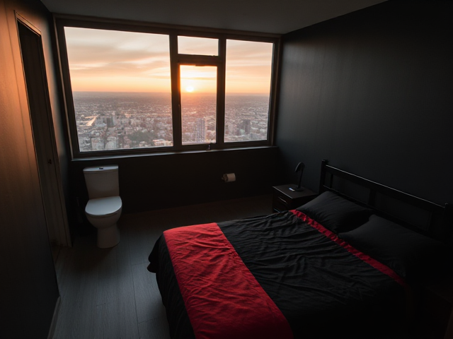 A top floor small bedroom in a big house with a bathroom with a toilet tub in it black walls a casket bed with black and red covers