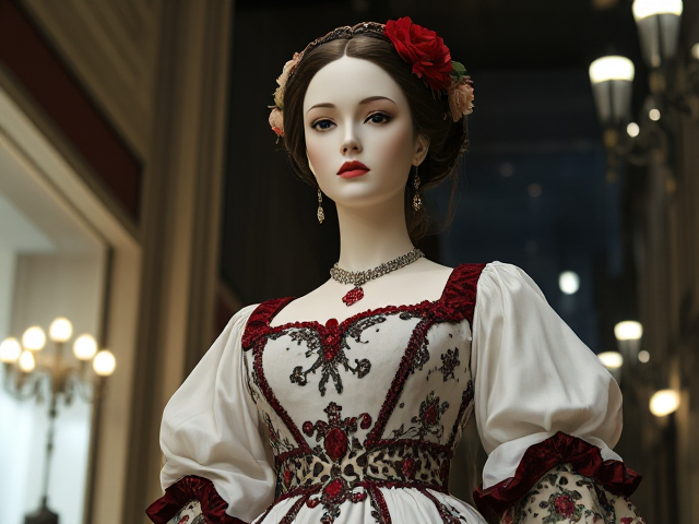 Mannequin with a white royal late 1700s style gown with dark red accents, and floral accents, and cheetah print accents, full body